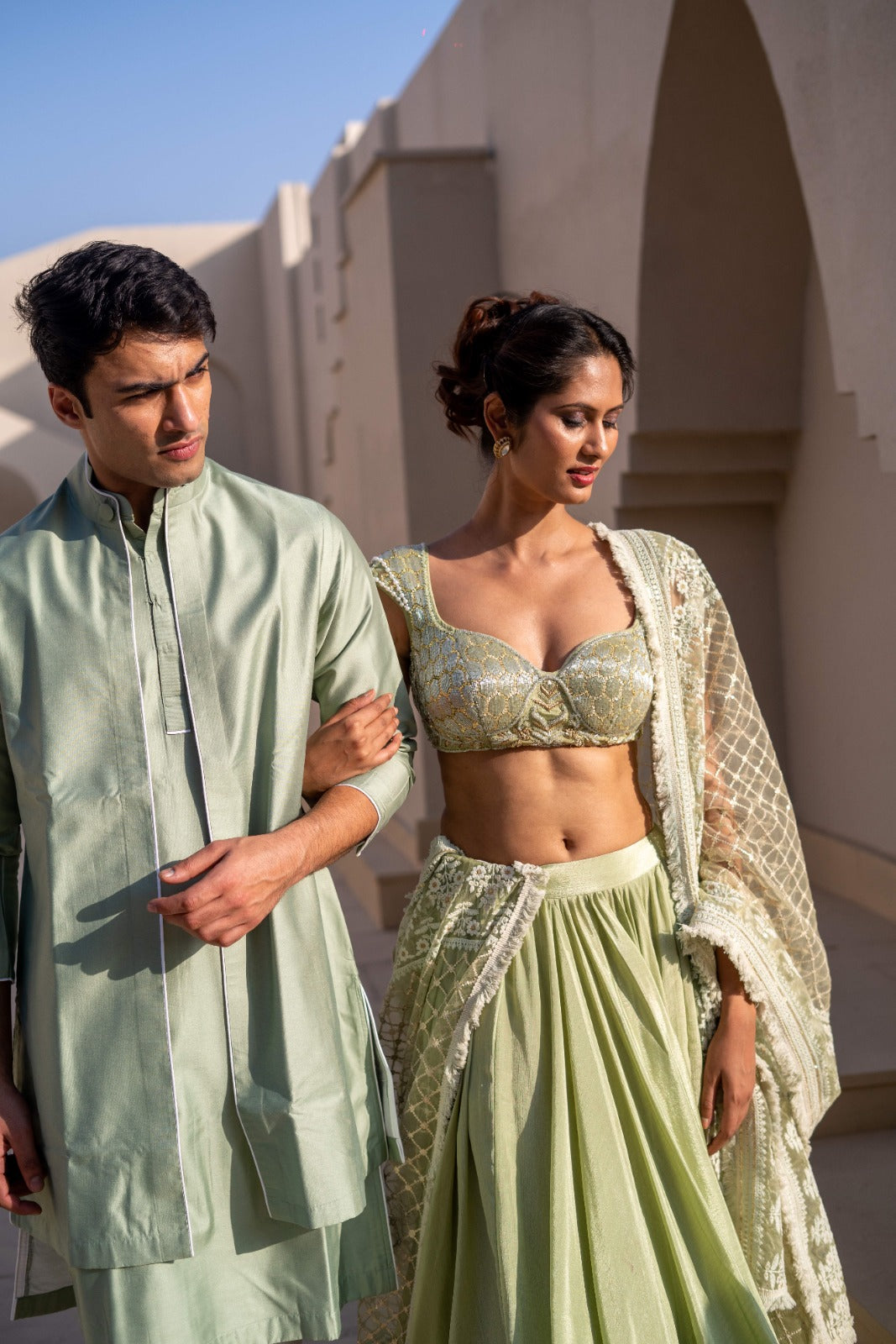 Pastel Green Silk Kurta Set with Bandhgala Collar!