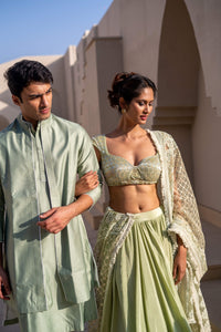 Pastel Green Silk Kurta Set with Bandhgala Collar!