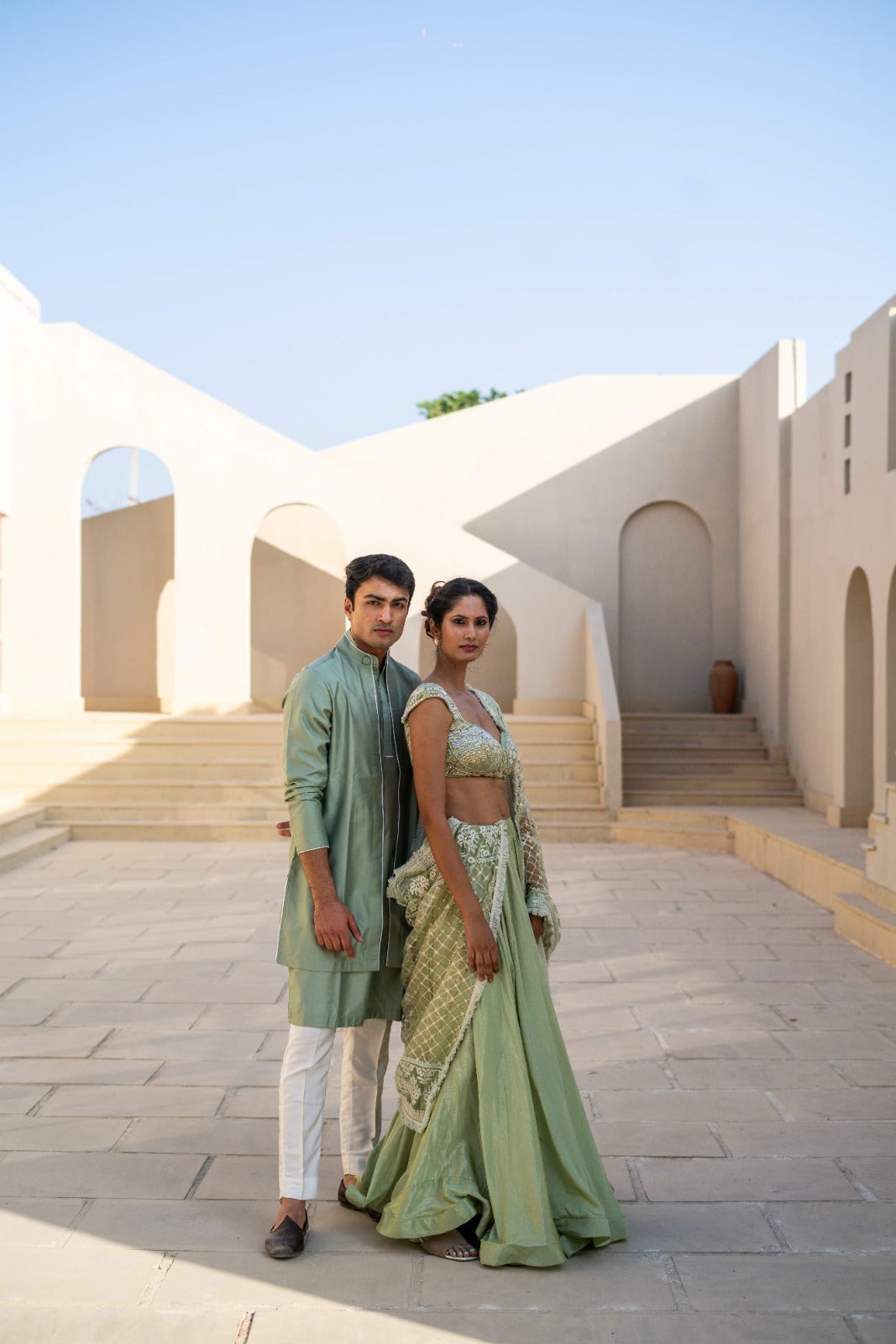 Pastel Green Silk Kurta Set with Bandhgala Collar!