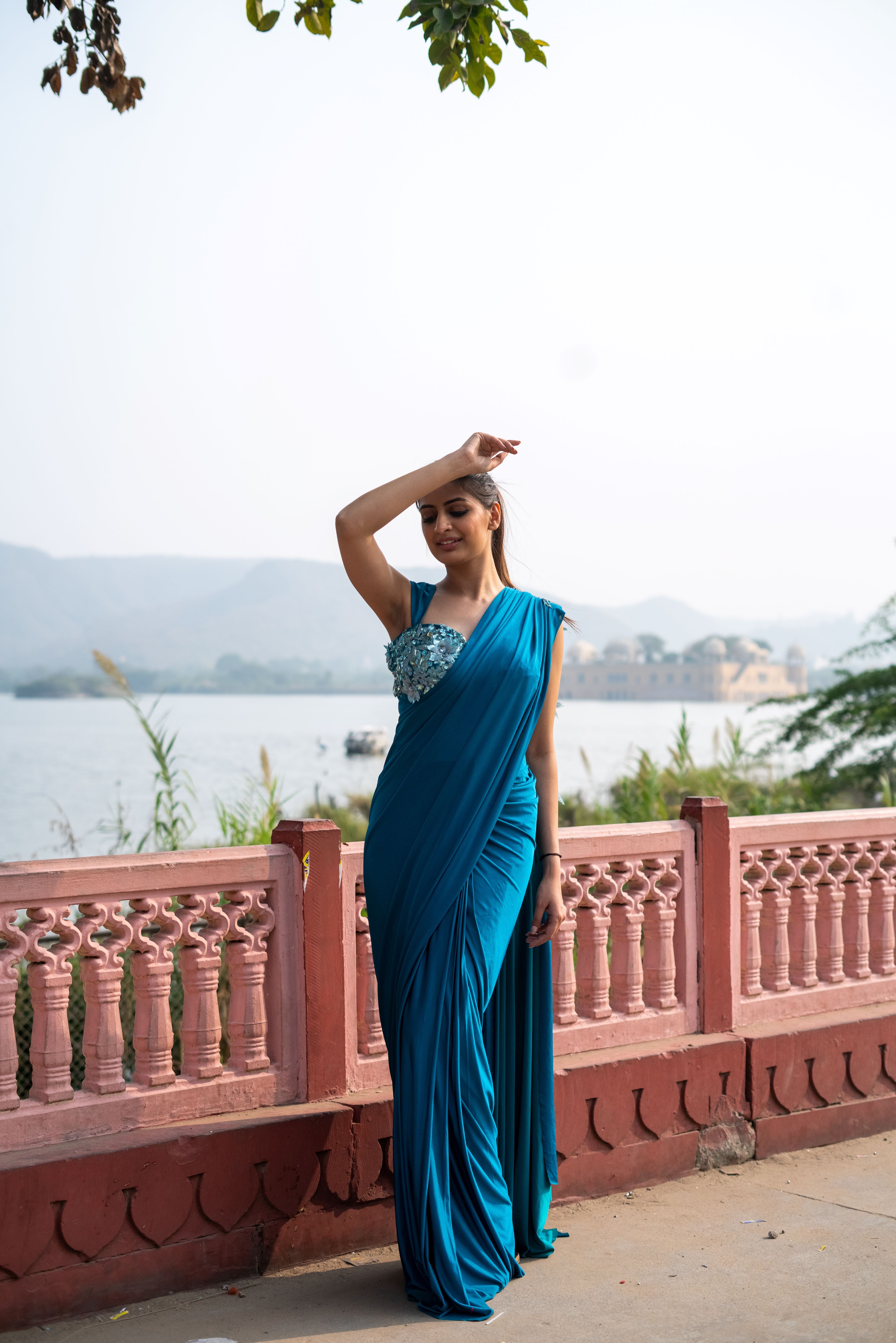 TCR Teal Blue Ready To Wear Pre Stitched Saree With Embellished Blouse!