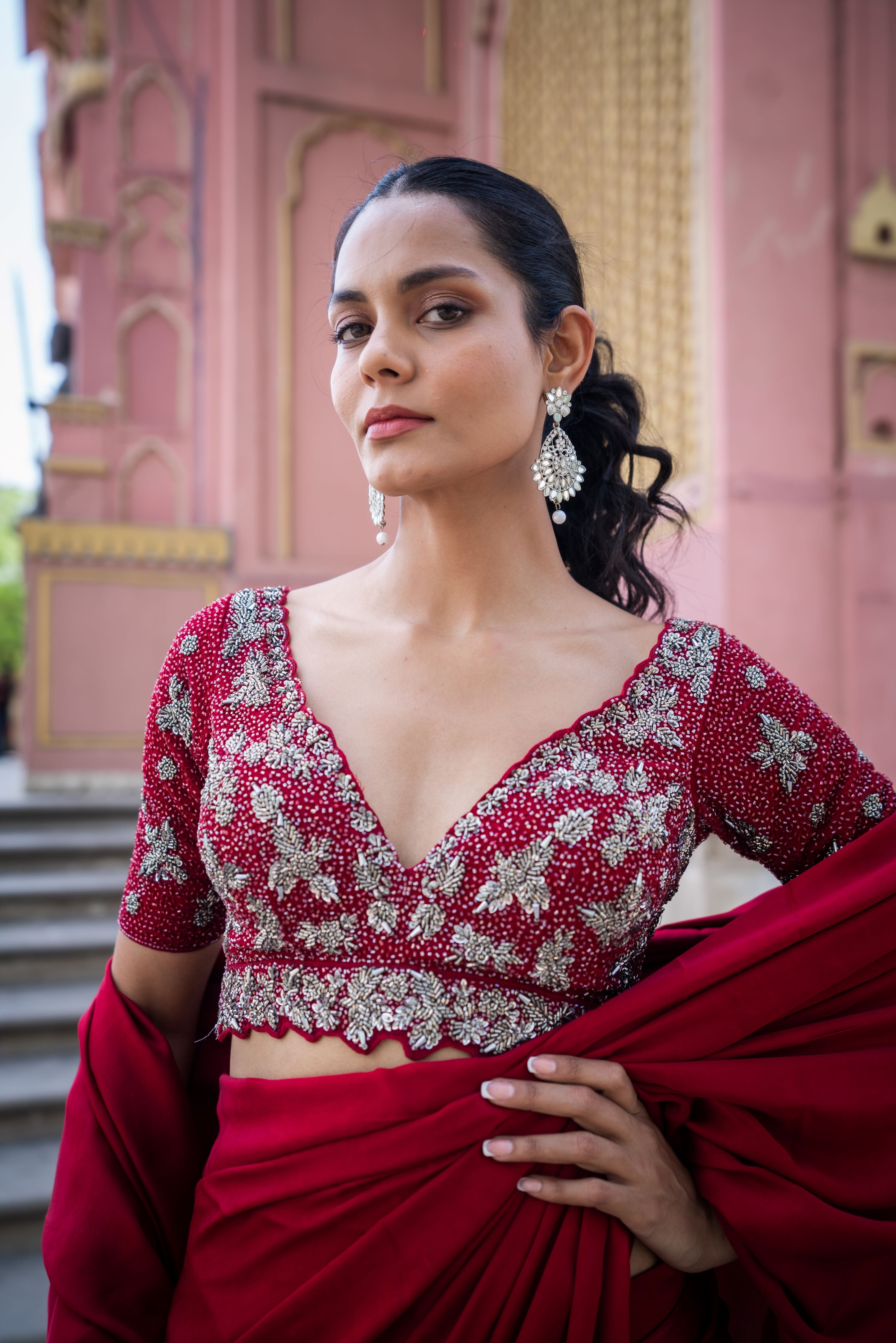 TCR Maroon Pre Stitched Saree With Sequin Embroidered Blouse!