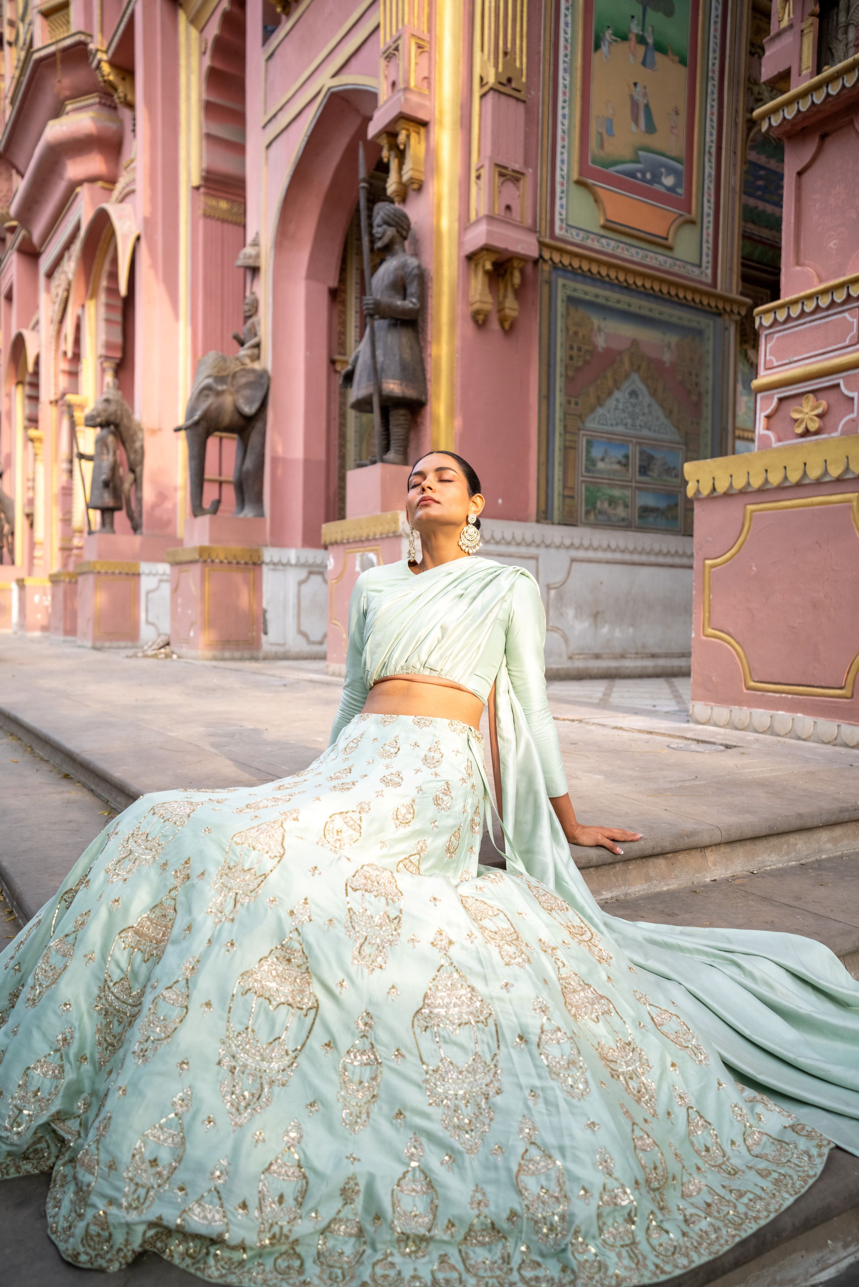 SVA Mint Embroidered draped Lehenga!