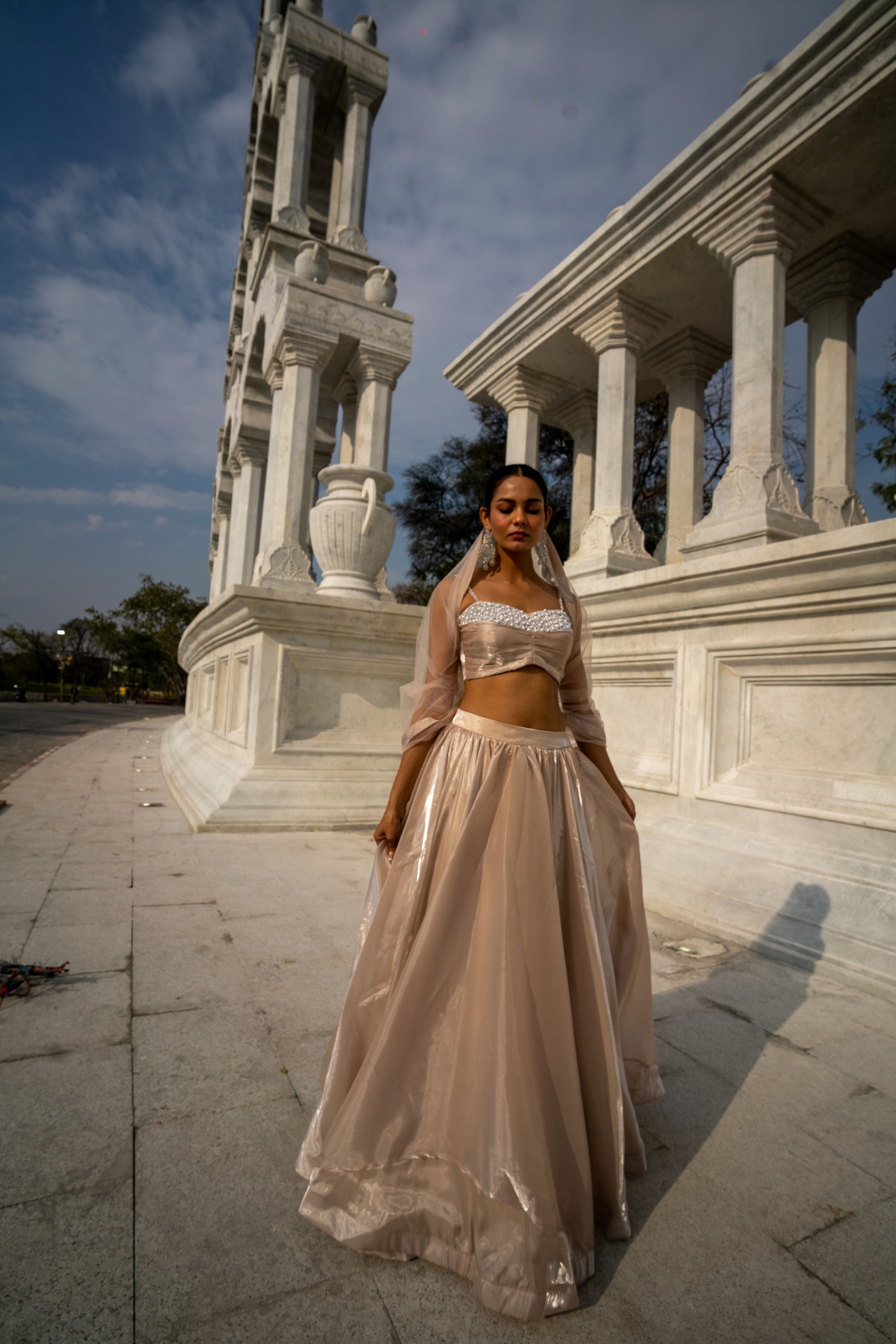 TCR Pearl Embellished Bustier Coffee Beige Lehenga !