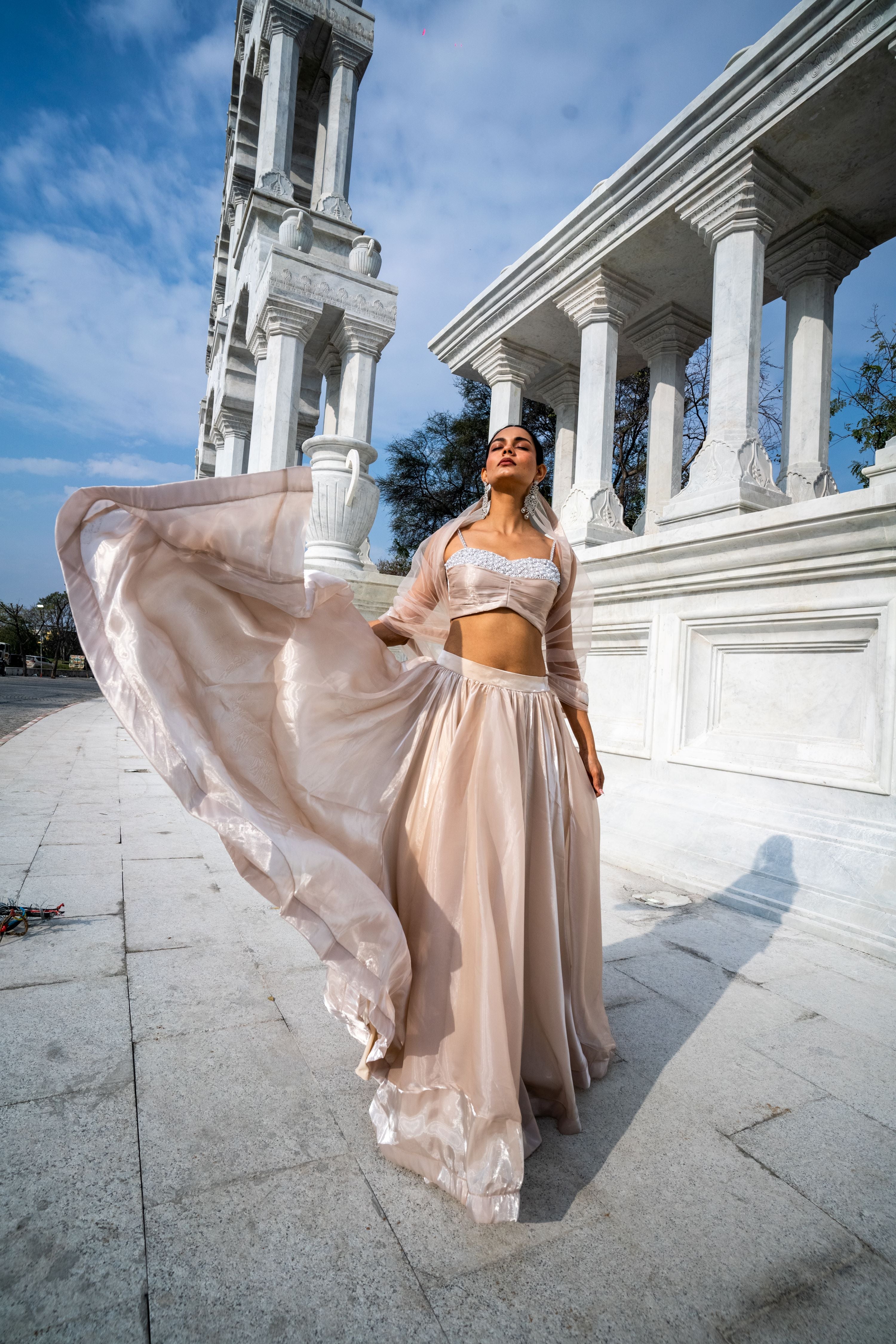 TCR Pearl Embellished Bustier Coffee Beige Lehenga !