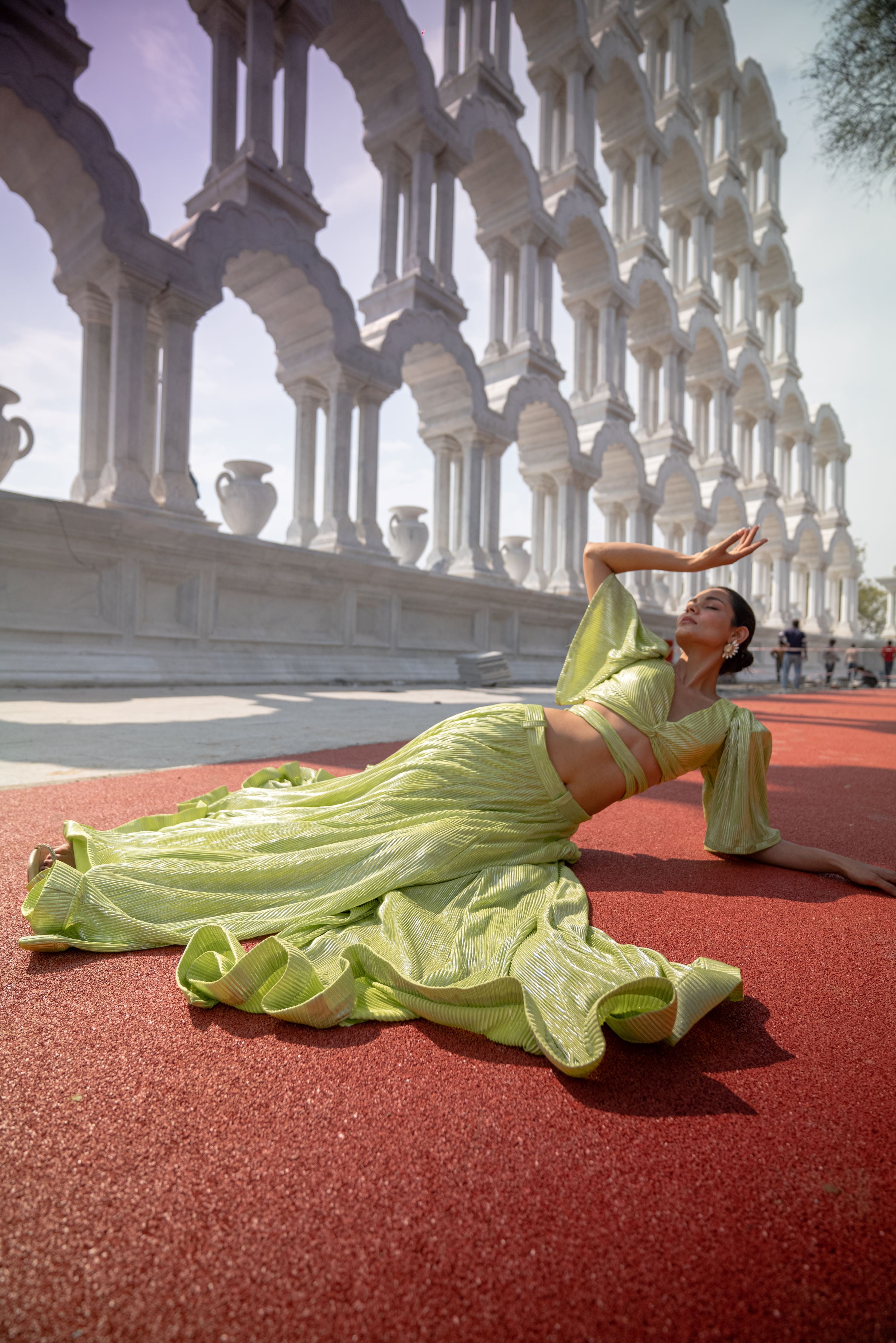 TCR Parrot Green Bell Sleeves Crop Top Lehenga !