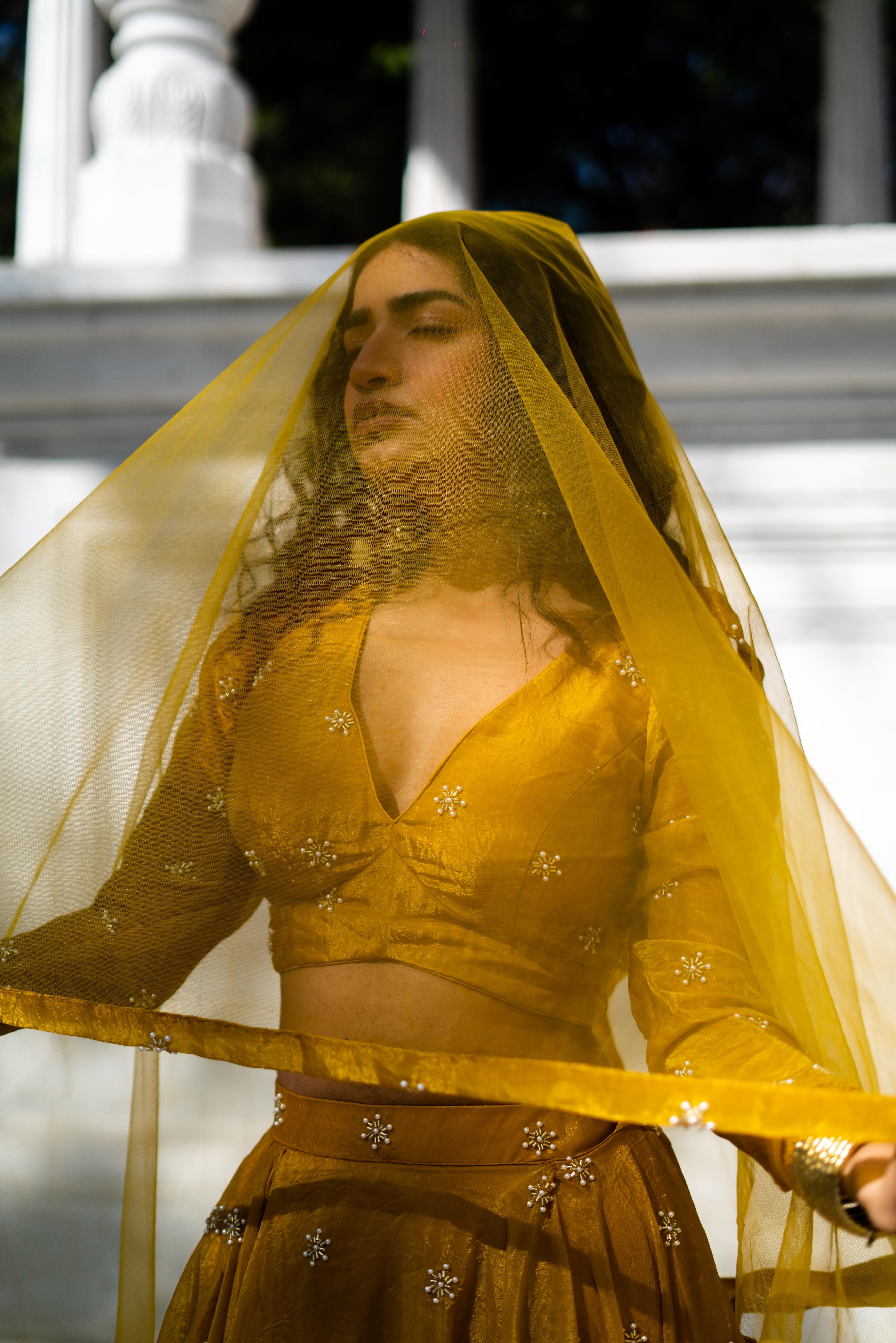 Mustard Yellow Full-Sleeve Flared Lehenga Set!