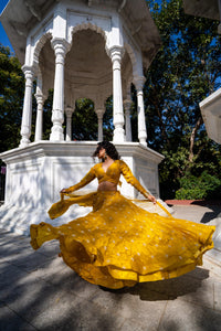 Mustard Yellow Full-Sleeve Flared Lehenga Set!
