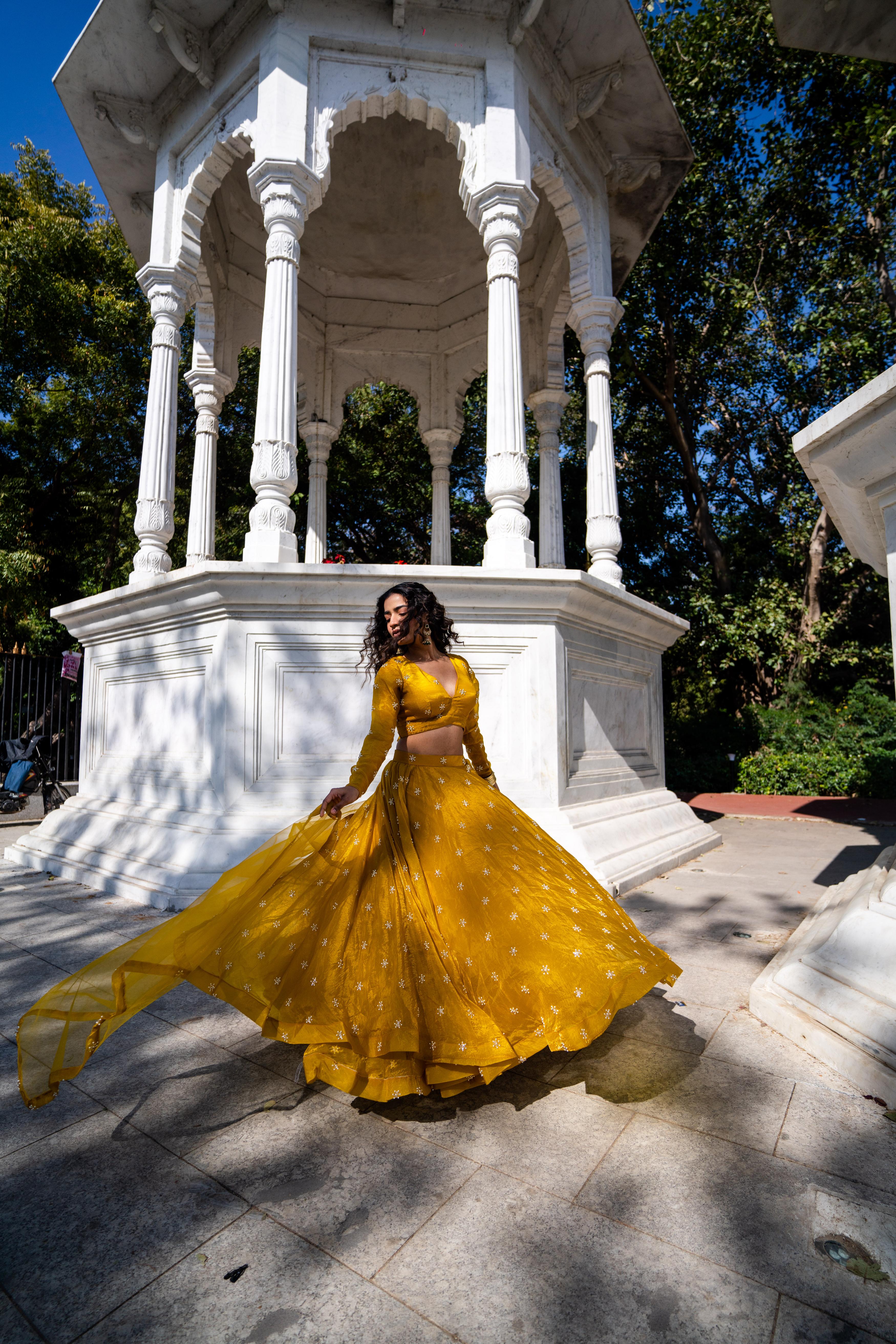 Mustard Yellow Full-Sleeve Flared Lehenga Set!