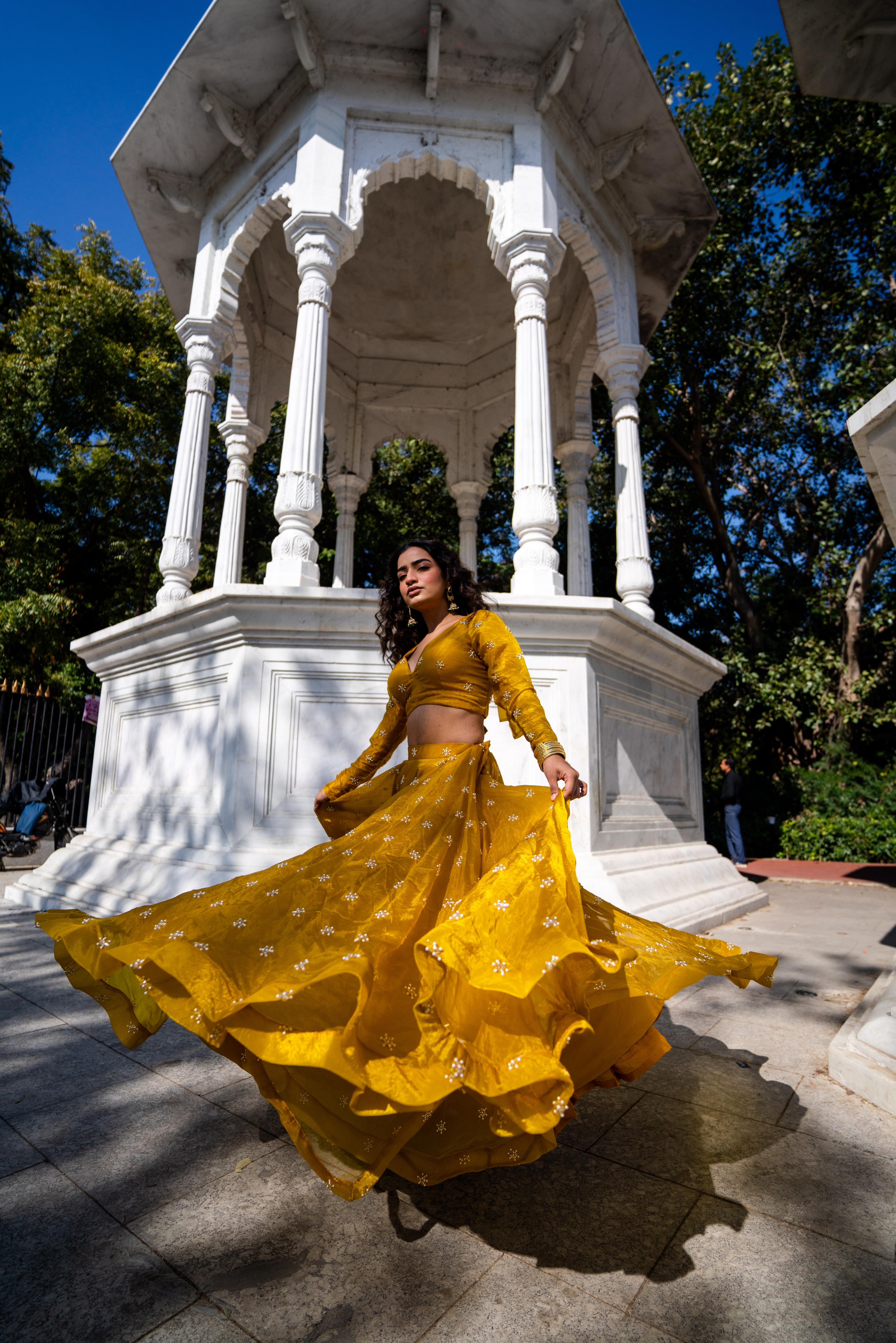 Mustard Yellow Full-Sleeve Flared Lehenga Set!