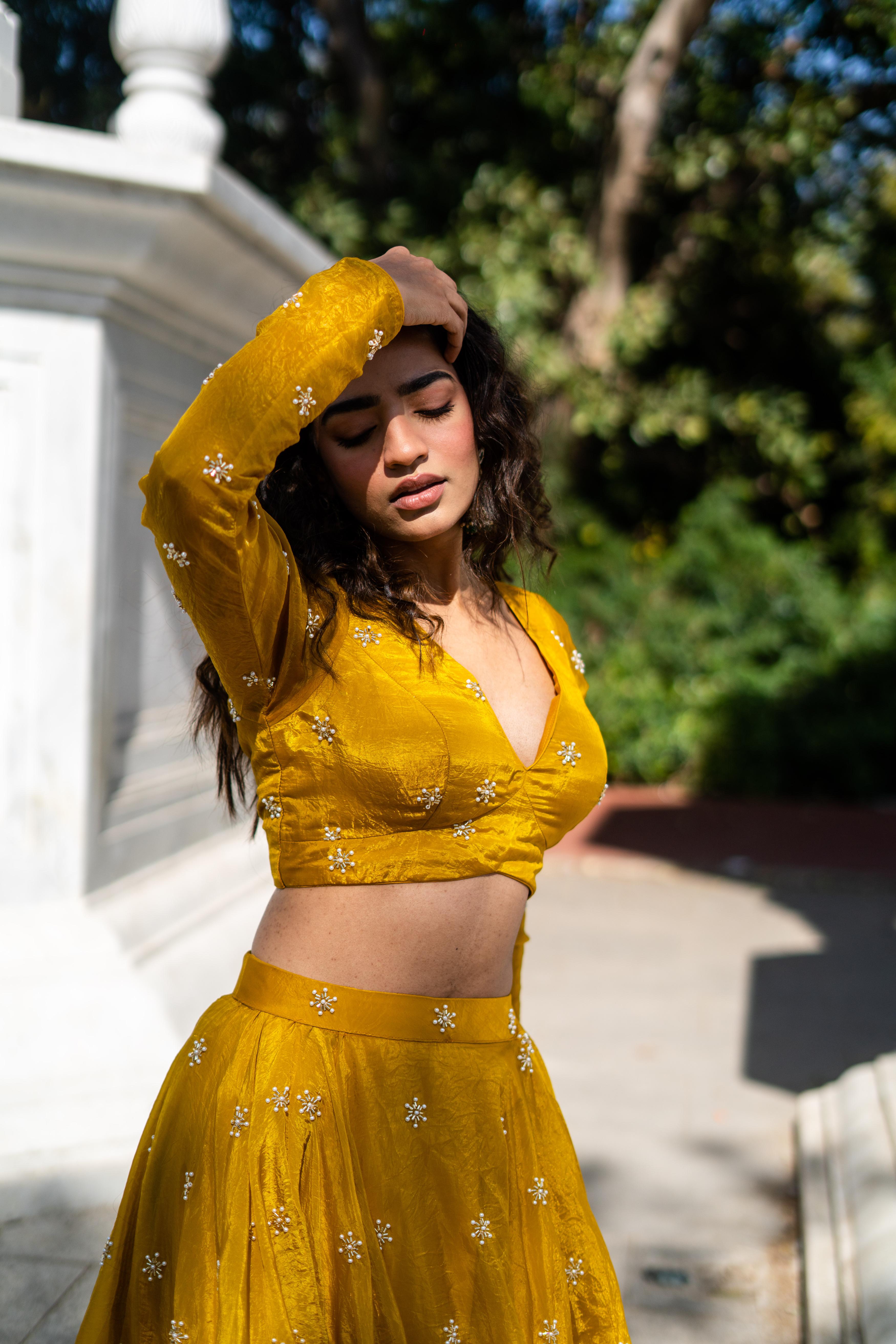 Mustard Yellow Full-Sleeve Flared Lehenga Set!