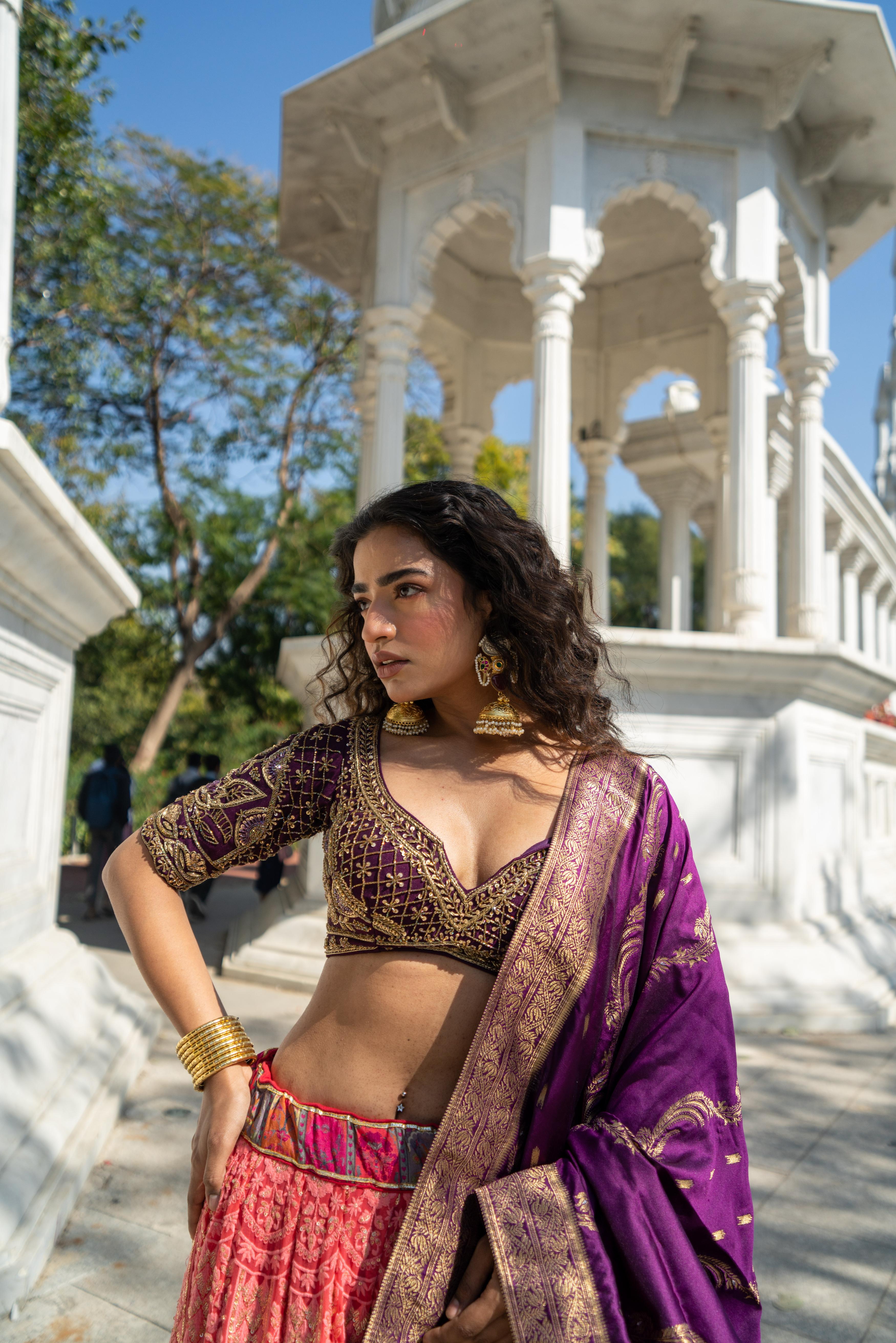 Royal Plum & Coral Ombre Embroidered Lehenga Set!