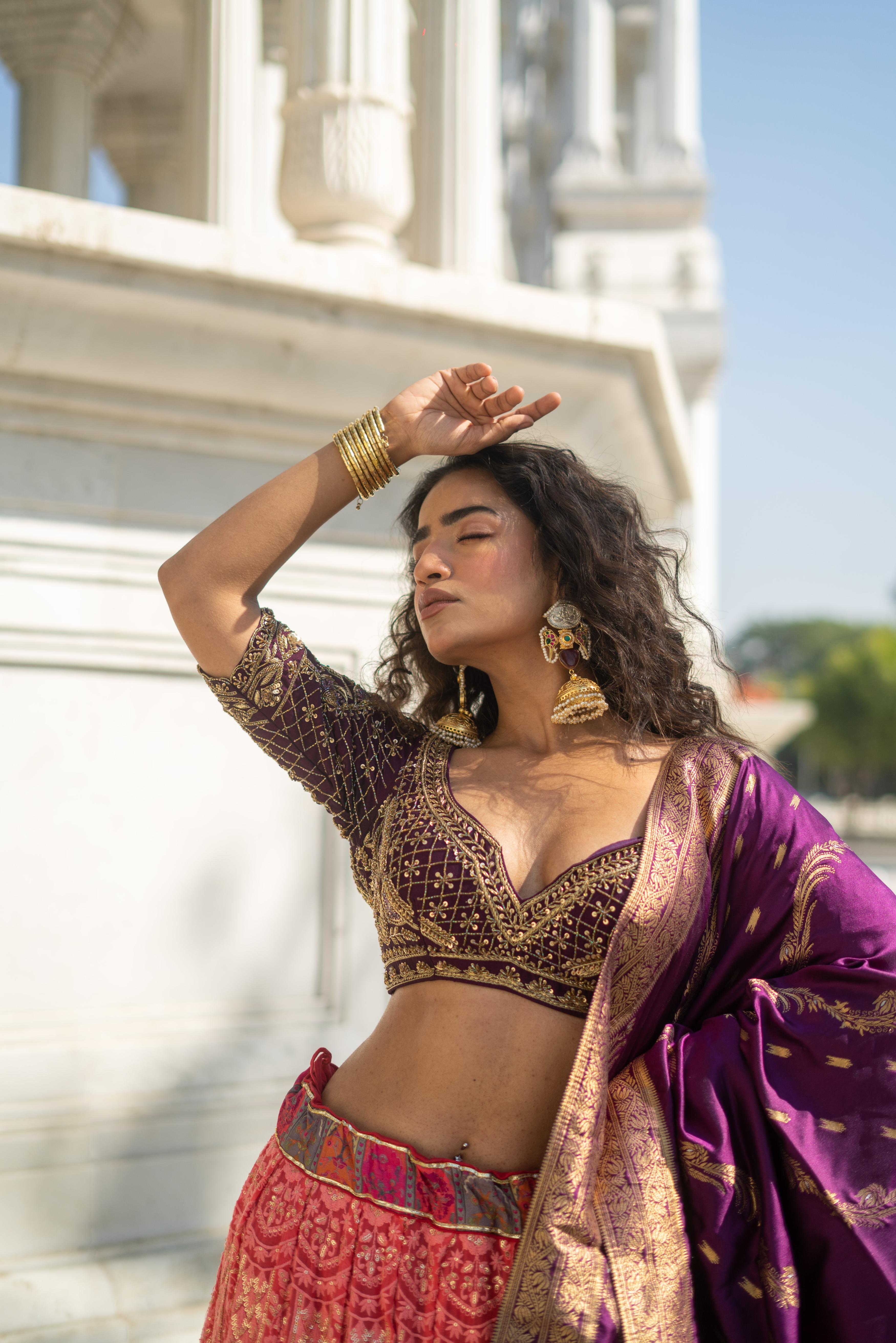 Royal Plum & Coral Ombre Embroidered Lehenga Set!