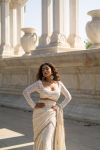 Ivory Gold Embellished Saree with Sheer Sleeve Designer Blouse!