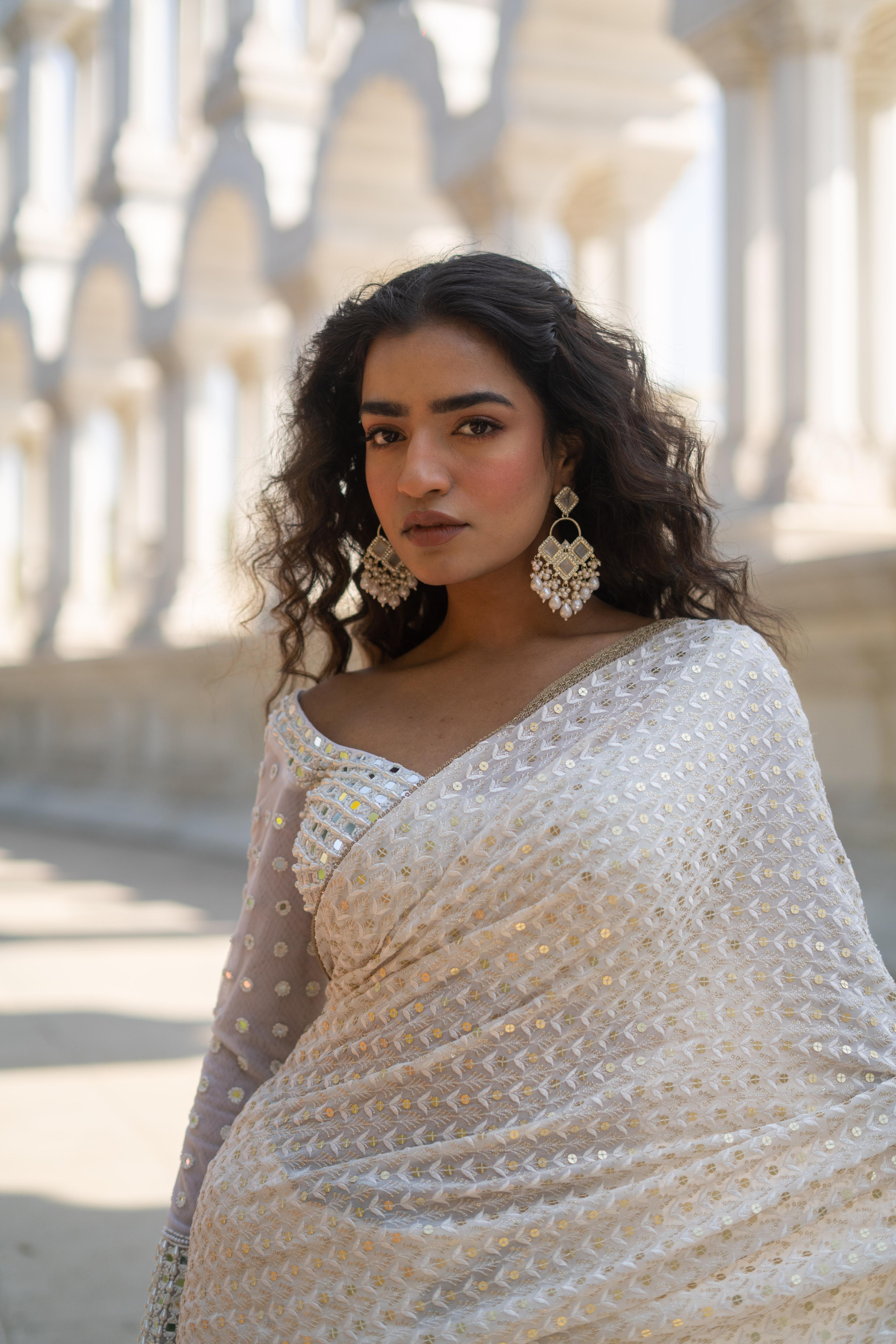 Ivory Gold Embellished Saree with Sheer Sleeve Designer Blouse!