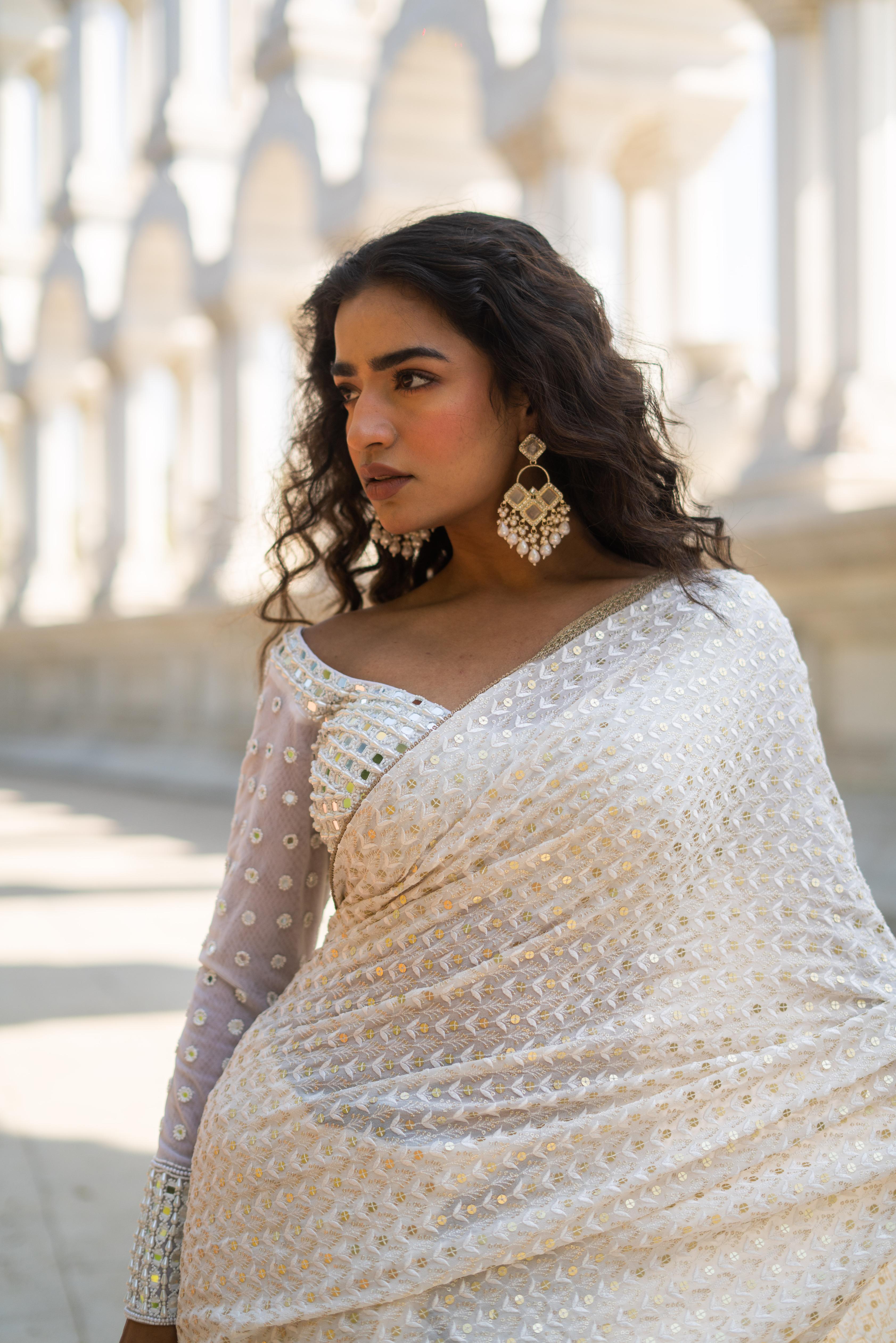 Ivory Gold Embellished Saree with Sheer Sleeve Designer Blouse!