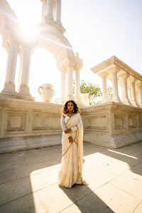 Ivory Gold Embellished Saree with Sheer Sleeve Designer Blouse!