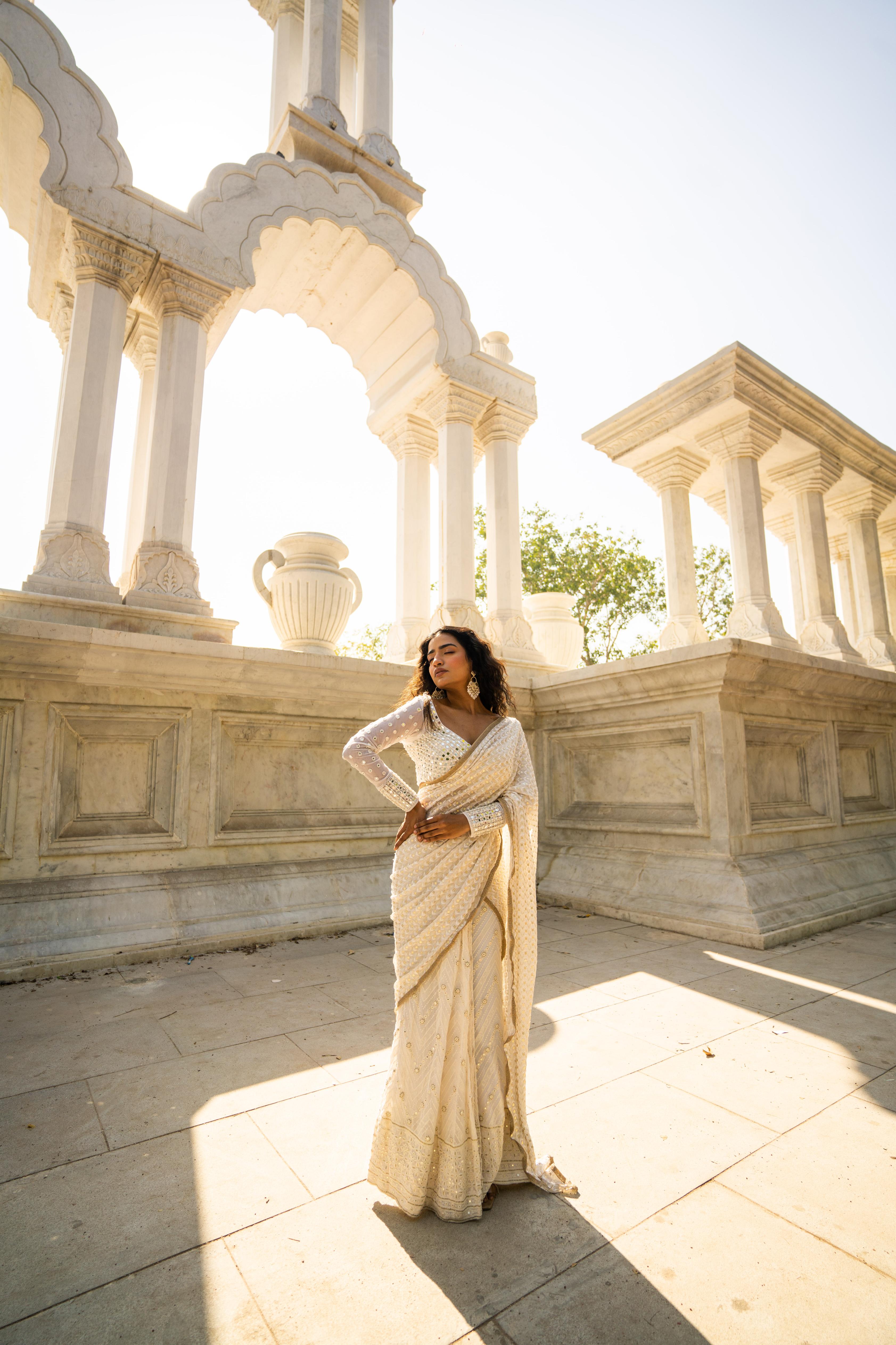 Ivory Gold Embellished Saree with Sheer Sleeve Designer Blouse!