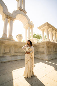 Ivory Gold Embellished Saree with Sheer Sleeve Designer Blouse!