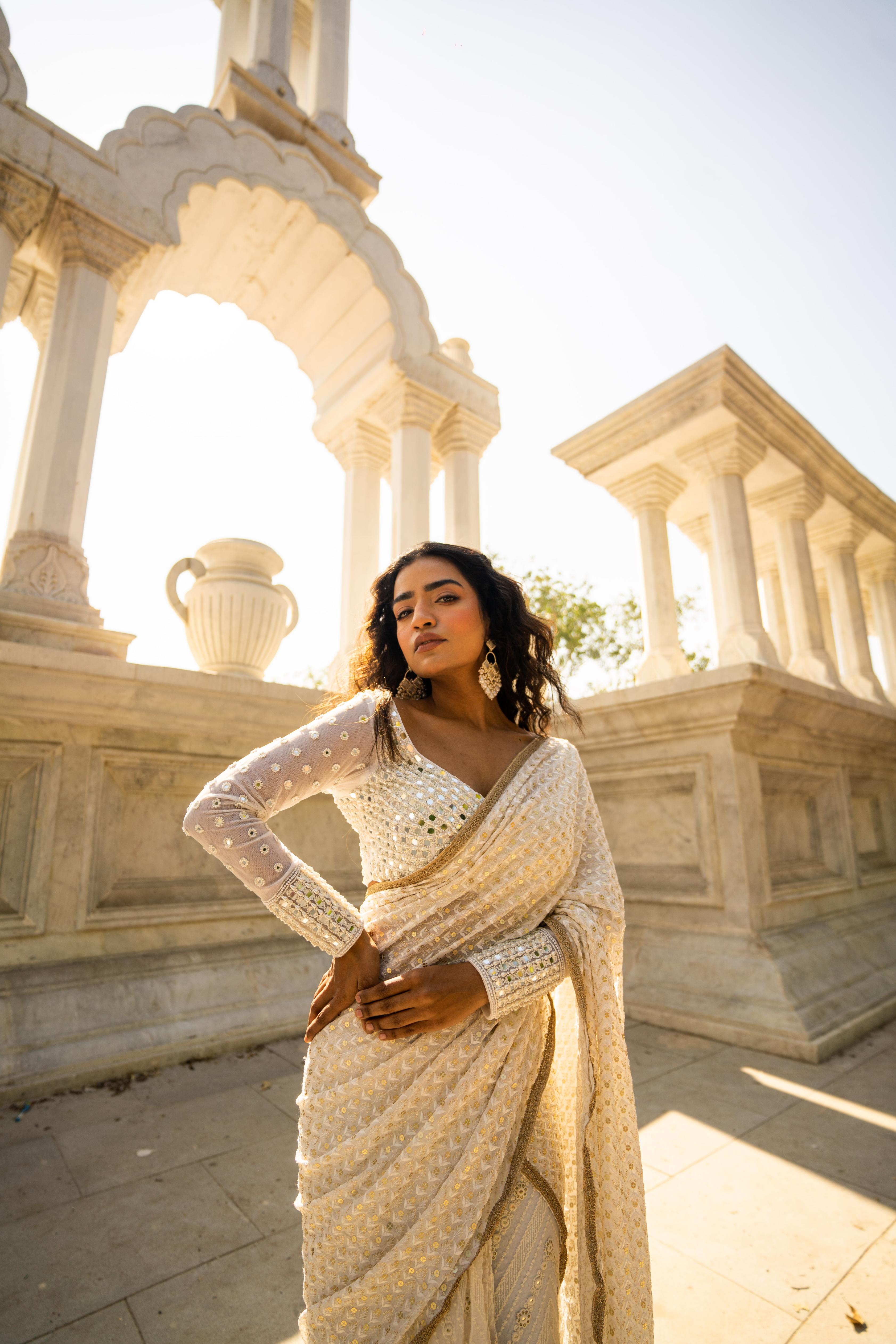 Ivory Gold Embellished Saree with Sheer Sleeve Designer Blouse!
