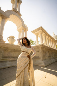 Ivory Gold Embellished Saree with Sheer Sleeve Designer Blouse!