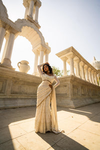Ivory Gold Embellished Saree with Sheer Sleeve Designer Blouse!