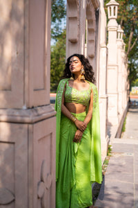 Lime Green Embellished Blouse with Draped Skirt & Flowing Cape!