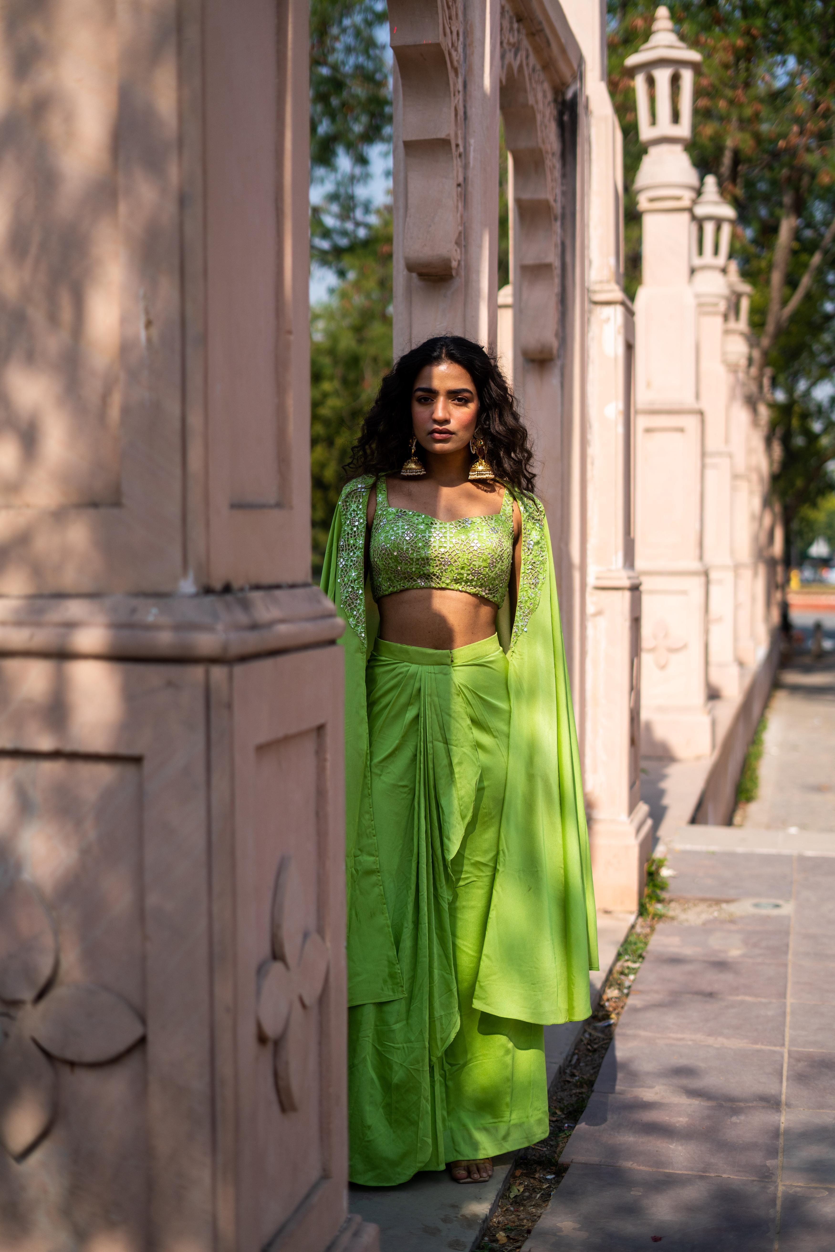 Lime Green Embellished Blouse with Draped Skirt & Flowing Cape!