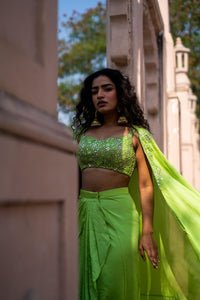 Lime Green Embellished Blouse with Draped Skirt & Flowing Cape!