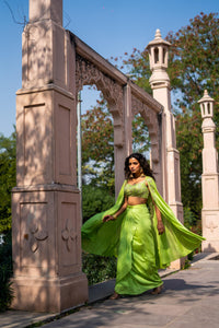 Lime Green Embellished Blouse with Draped Skirt & Flowing Cape!