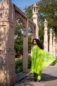 Lime Green Embellished Blouse with Draped Skirt & Flowing Cape!