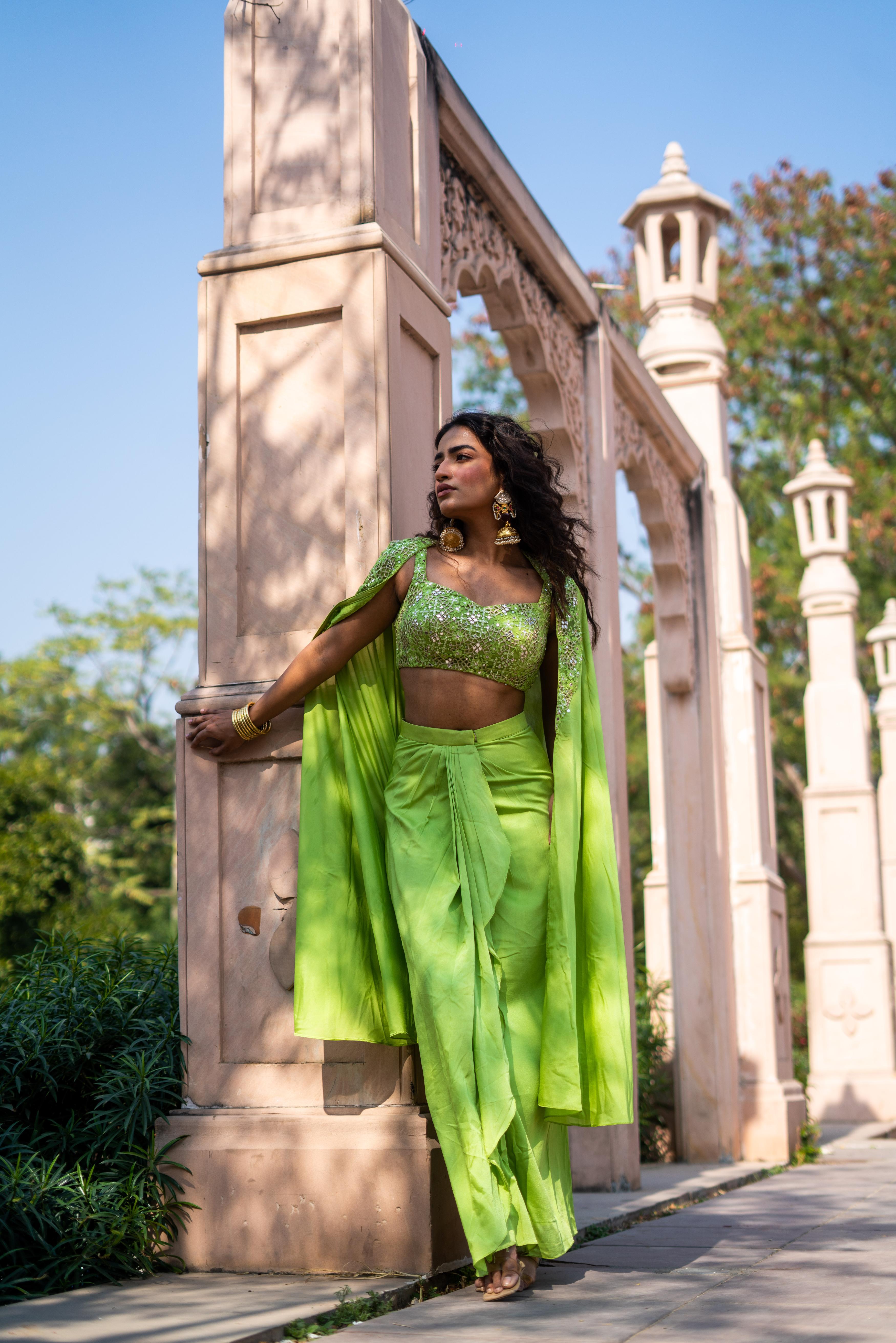 Lime Green Embellished Blouse with Draped Skirt & Flowing Cape!