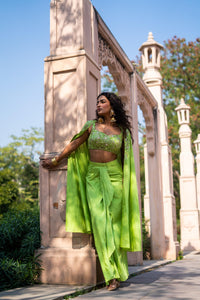 Lime Green Embellished Blouse with Draped Skirt & Flowing Cape!