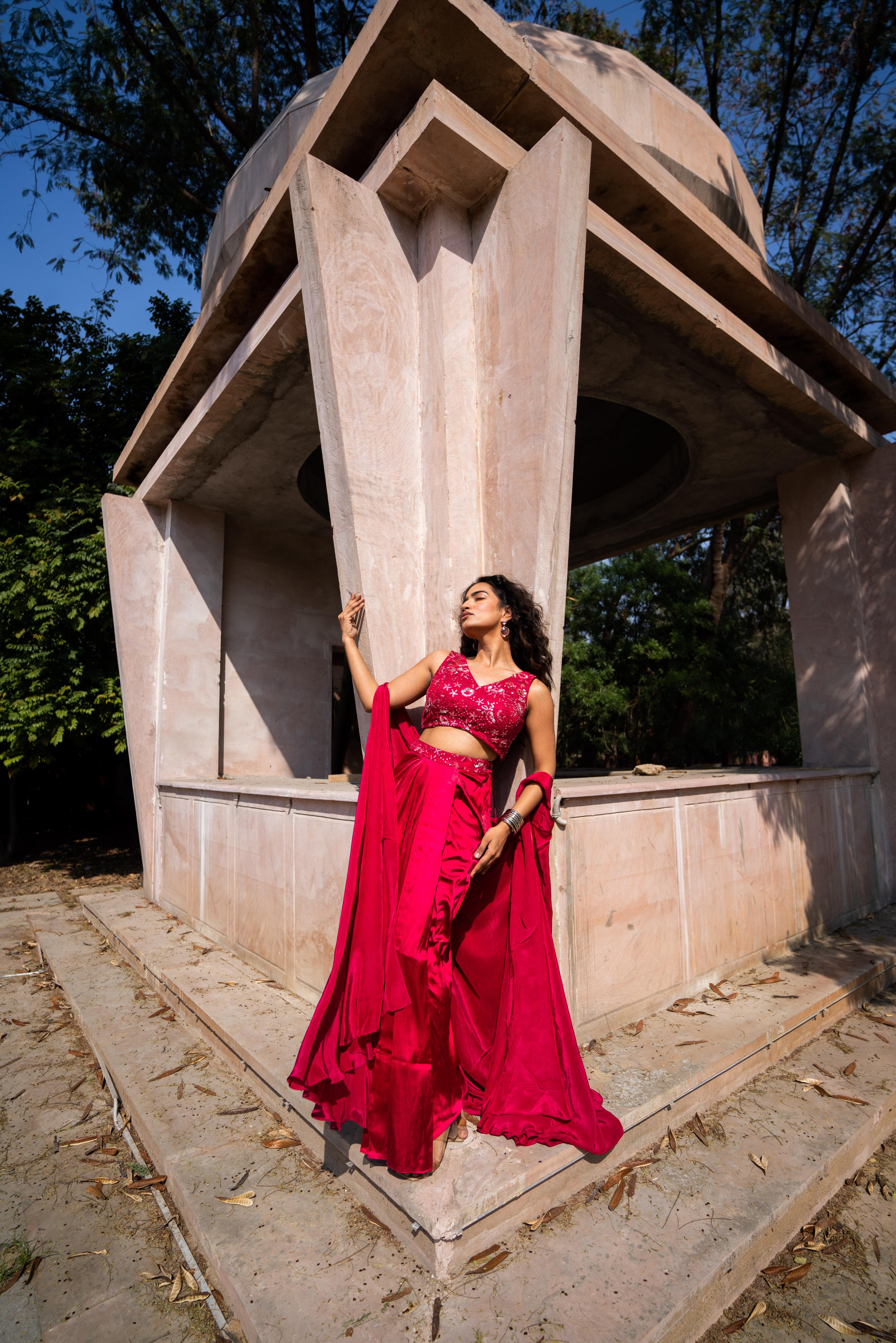 Ruby Red Sequin Embellished Blouse with Draped Skirt & Cape!