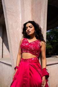 Ruby Red Sequin Embellished Blouse with Draped Skirt & Cape!