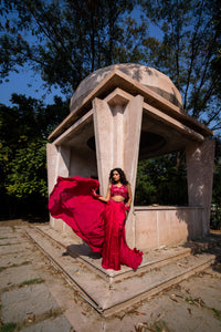 Ruby Red Sequin Embellished Blouse with Draped Skirt & Cape!