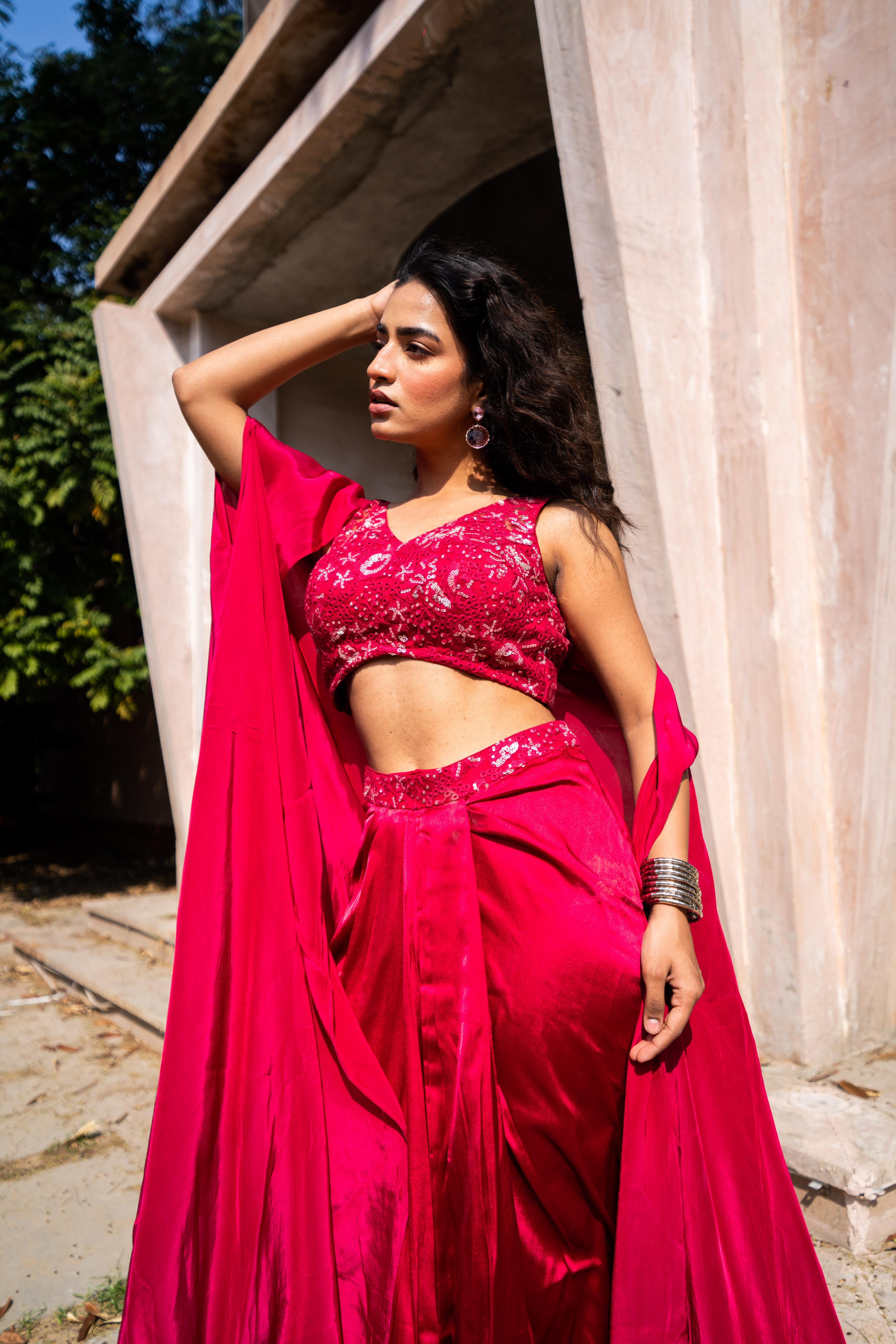 Ruby Red Sequin Embellished Blouse with Draped Skirt & Cape!
