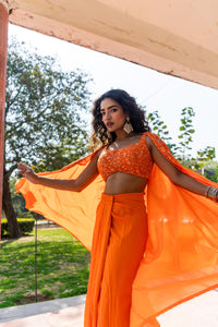 Marigold Mirage Embellished Blouse with Draped Skirt & Flowing Cape!