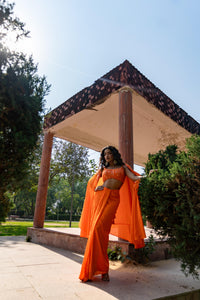 Marigold Mirage Embellished Blouse with Draped Skirt & Flowing Cape!
