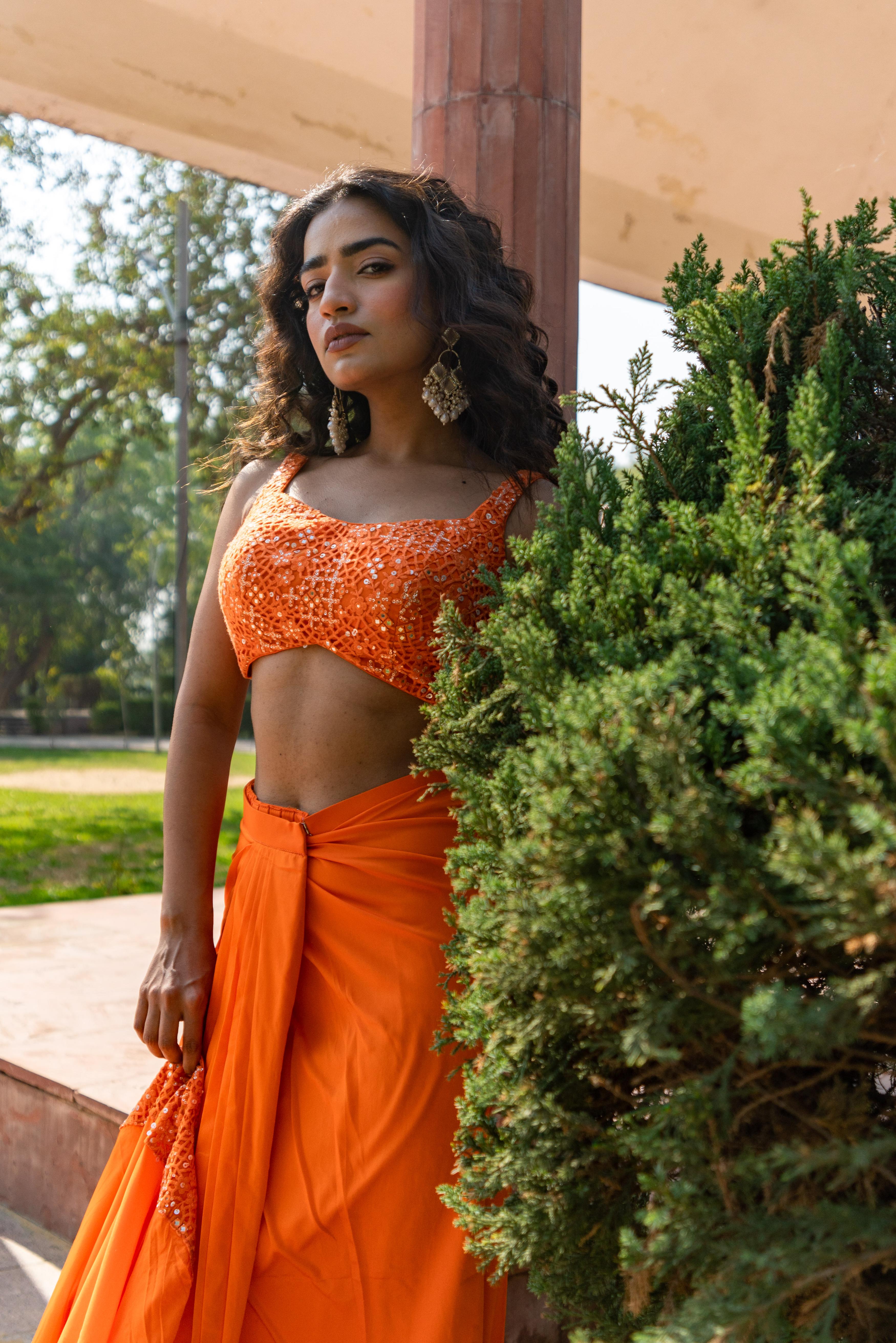 Marigold Mirage Embellished Blouse with Draped Skirt & Flowing Cape!