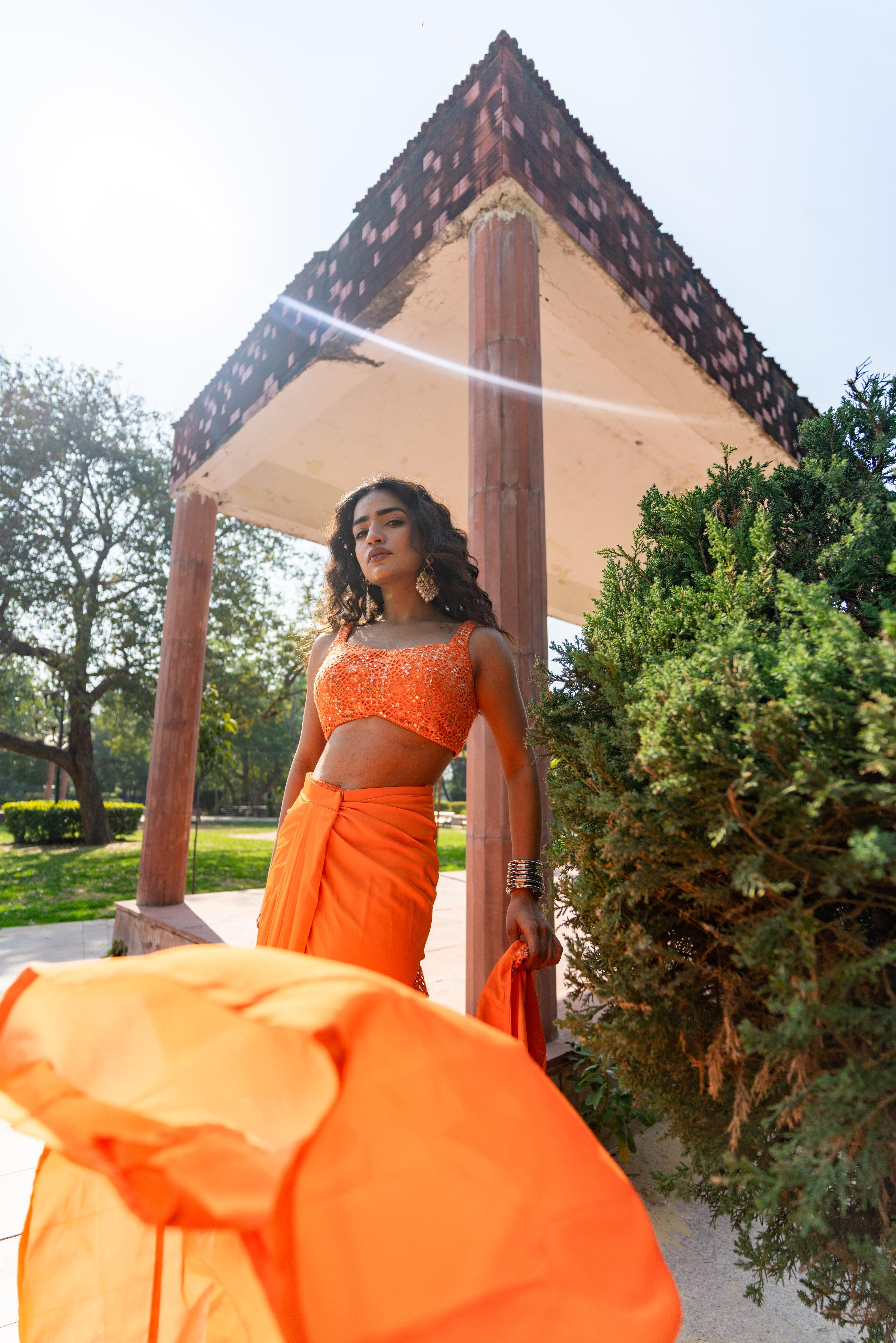Marigold Mirage Embellished Blouse with Draped Skirt & Flowing Cape!