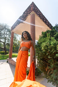Marigold Mirage Embellished Blouse with Draped Skirt & Flowing Cape!