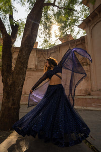 Midnight Blue Sequin Embellished Lehenga with Sheer Sleeve Blouse!