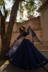Midnight Blue Sequin Embellished Lehenga with Sheer Sleeve Blouse!