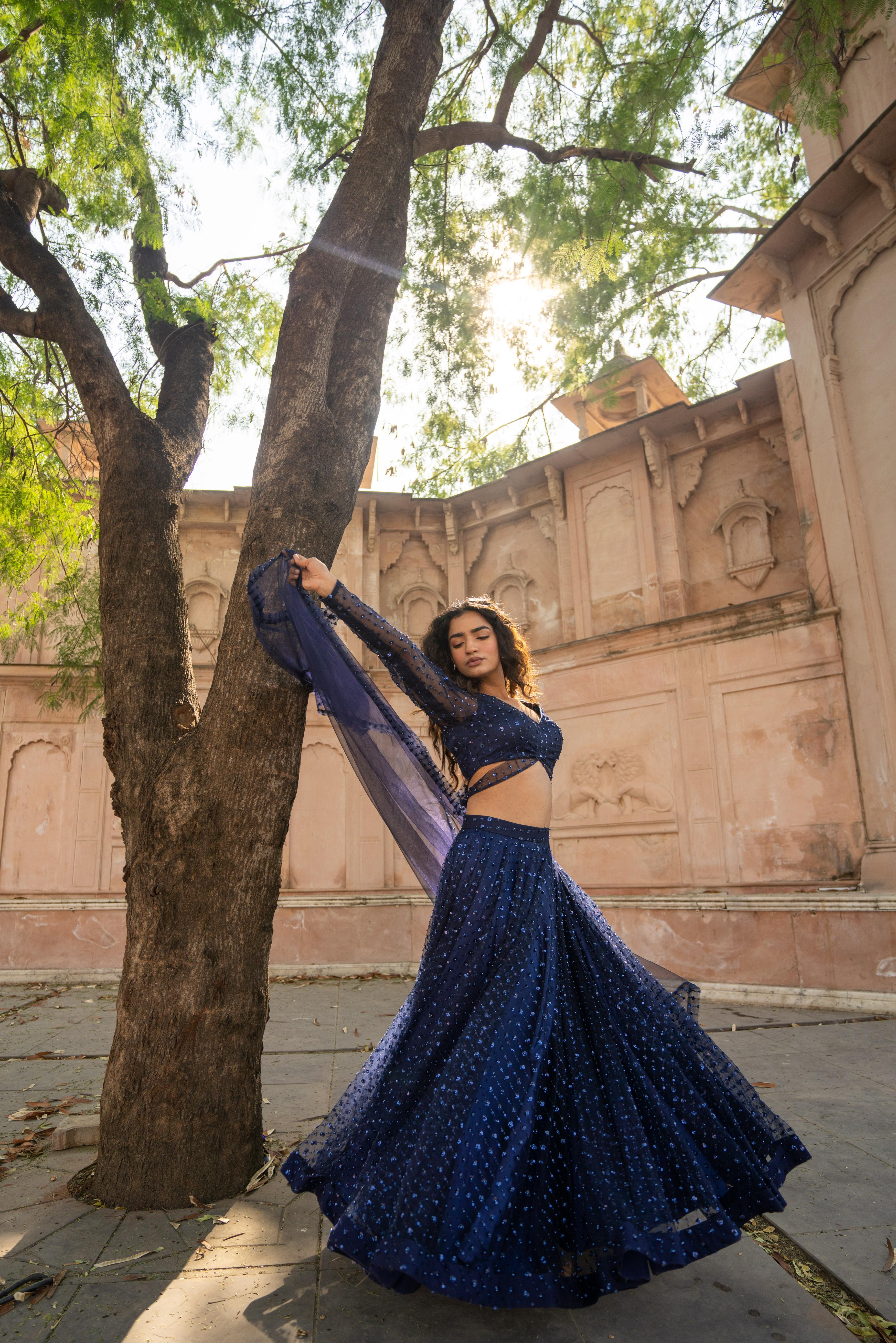 Midnight Blue Sequin Embellished Lehenga with Sheer Sleeve Blouse!