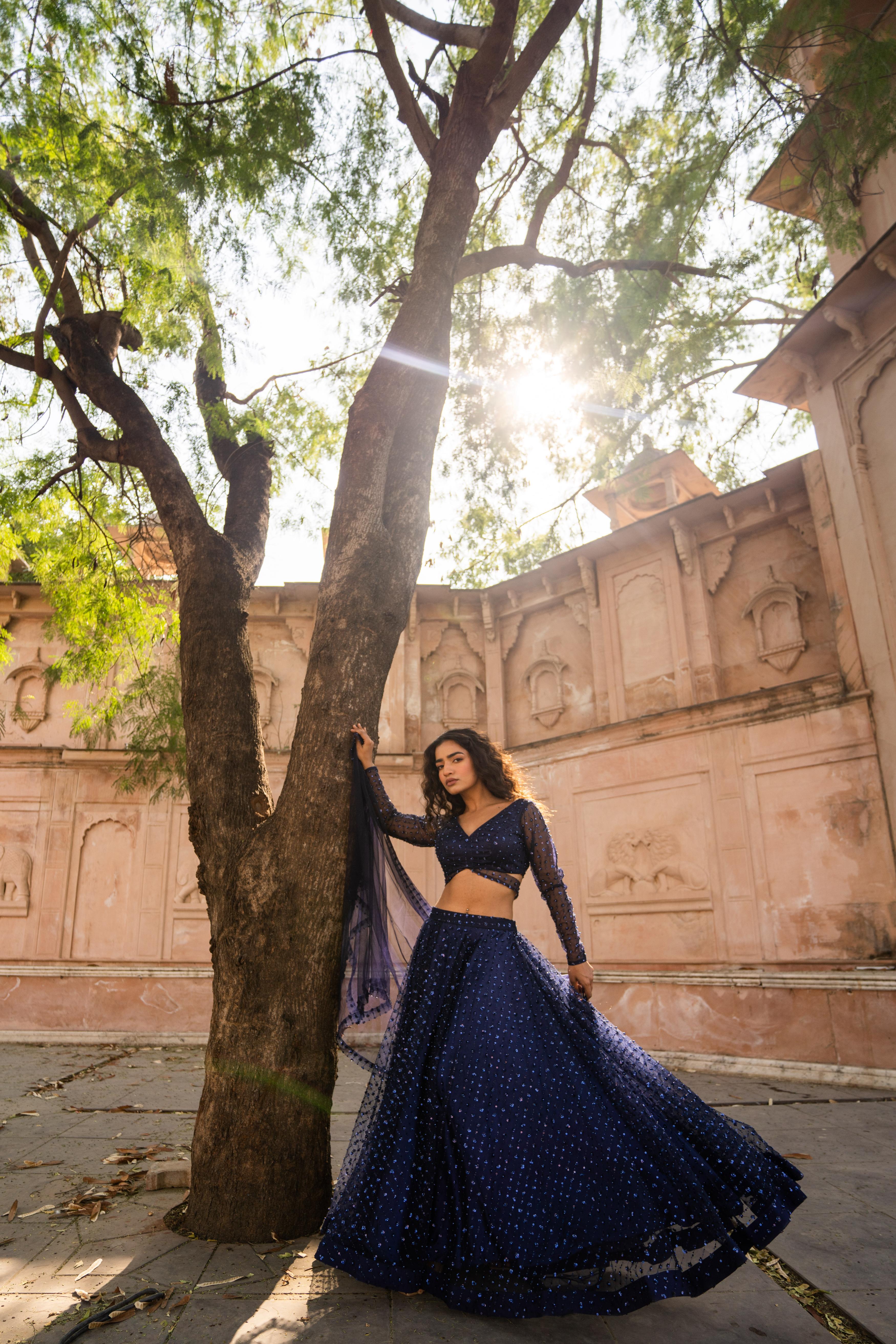 Midnight Blue Sequin Embellished Lehenga with Sheer Sleeve Blouse!