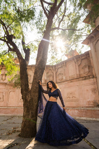 Midnight Blue Sequin Embellished Lehenga with Sheer Sleeve Blouse!