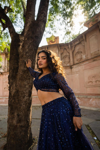 Midnight Blue Sequin Embellished Lehenga with Sheer Sleeve Blouse!