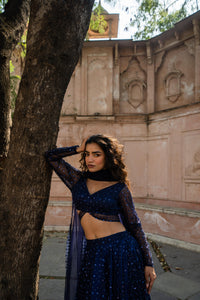 Midnight Blue Sequin Embellished Lehenga with Sheer Sleeve Blouse!
