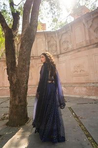 Midnight Blue Sequin Embellished Lehenga with Sheer Sleeve Blouse!