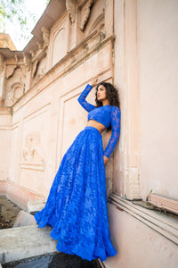 Royal Blue Sheer Floral Net Lehenga Set with Full-Sleeve Blouse!